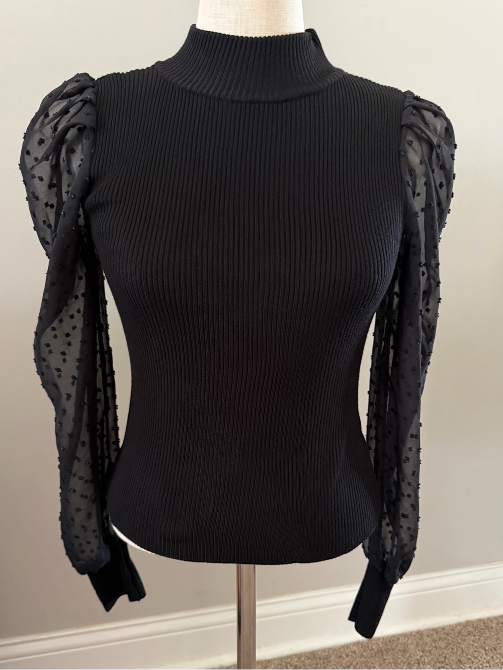 Crave Fame Black Sheer Sleeve Ribbed Knit Top